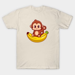 Cute Monkey Sitting On Banana Cartoon T-Shirt